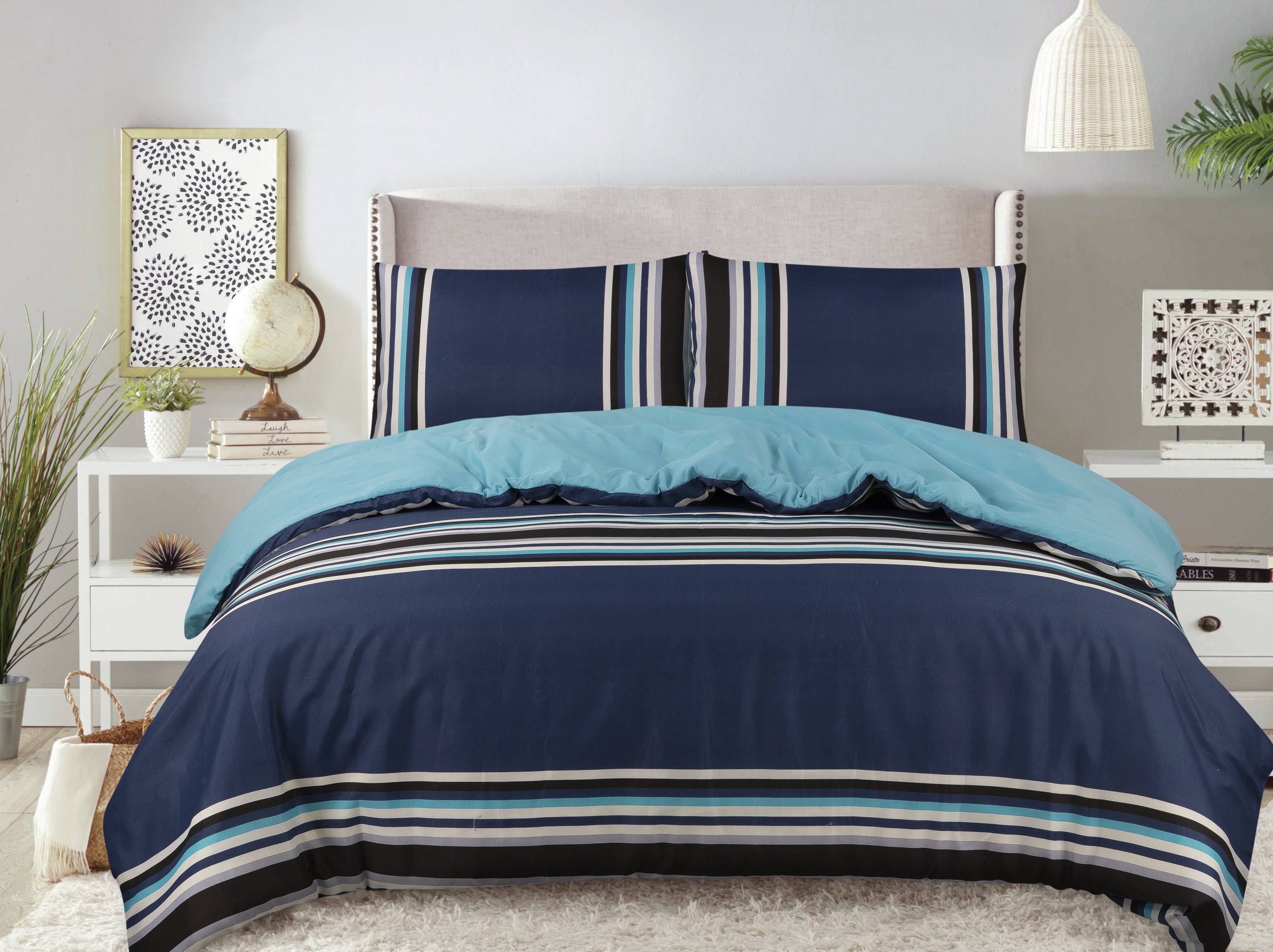 3 PC NAVY BLUE PRINTED COMFORTER SET