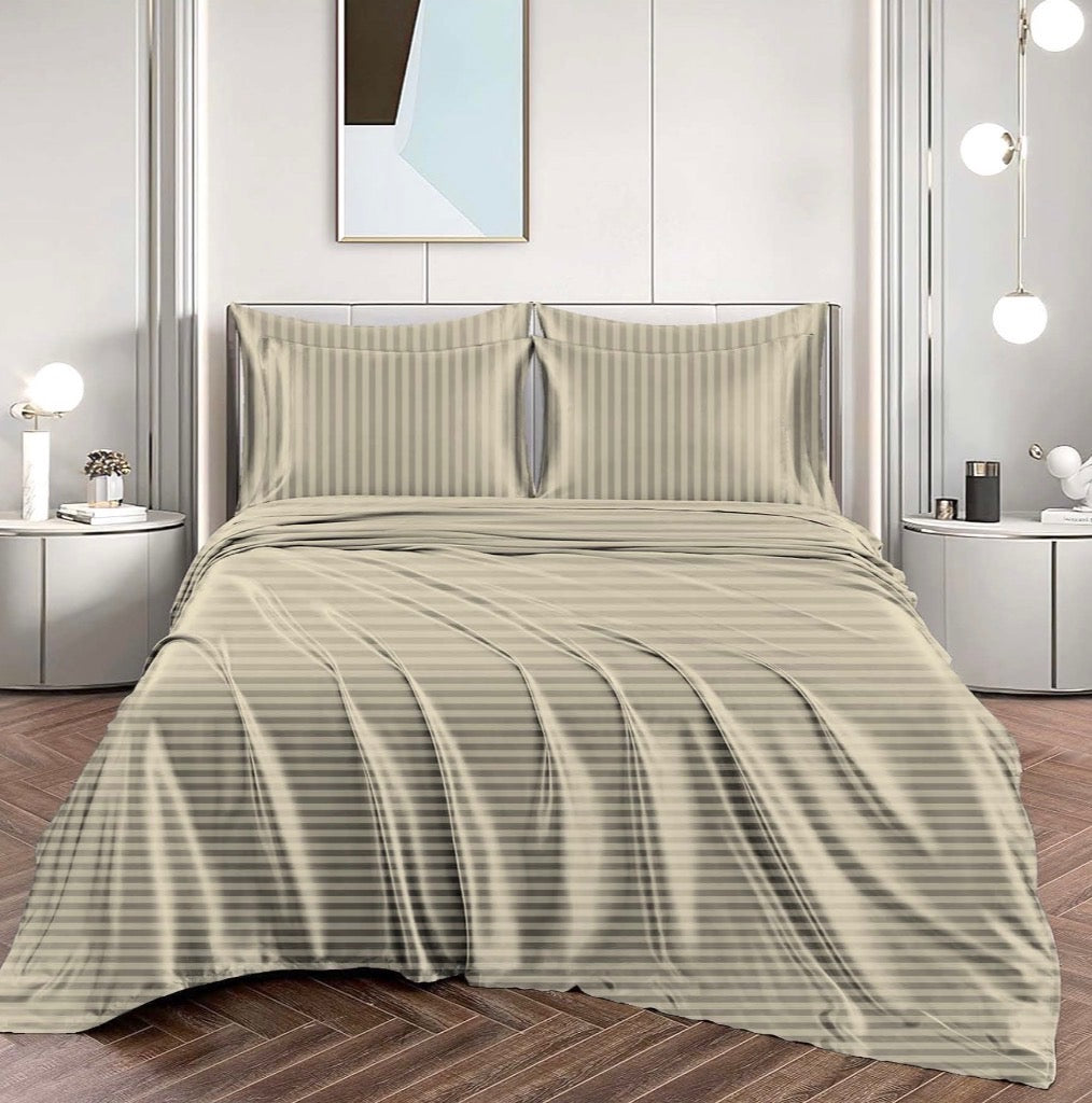 4-Piece Striped Damask Sheet Set – Beige