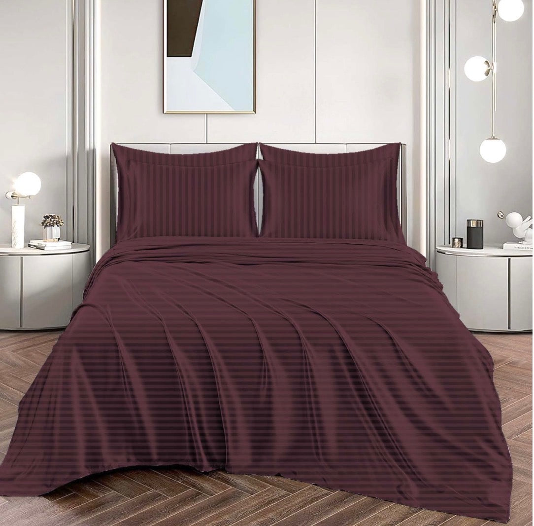 4-Piece Striped Damask Sheet Set – Dark Maroon