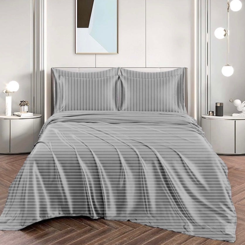 4-Piece Striped Damask Sheet Set – Silver