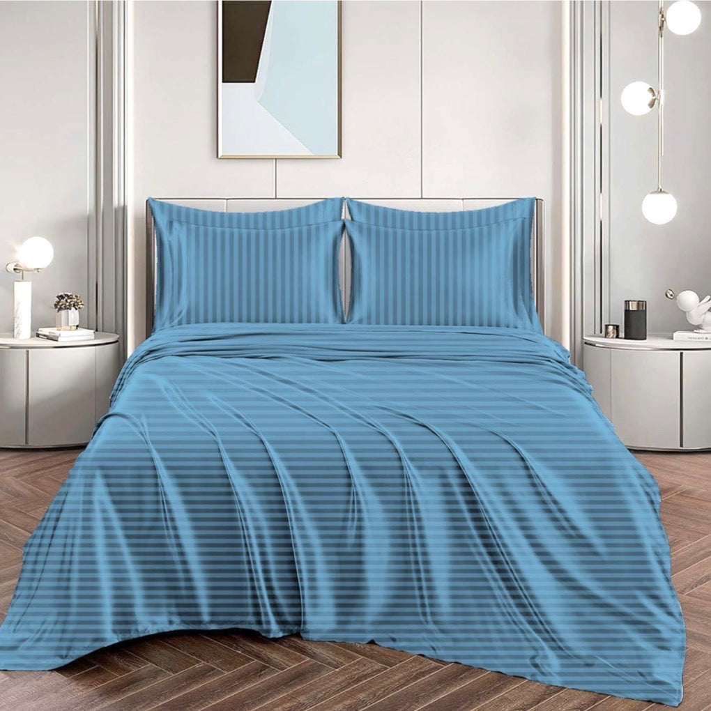 4-Piece Striped Damask Sheet Set – Sky blue